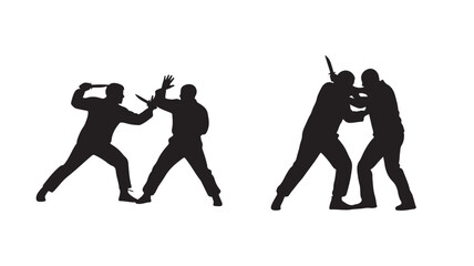 Obraz premium People engage in intense combat training with swords in a martial arts setting indoors.