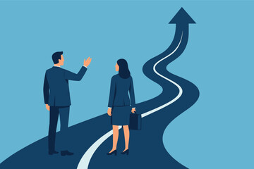 Fototapeta premium Business Man and Business Woman Standing on Curved Road Showing Future Direction and Career Growth, Flat Vector Illustration