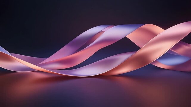 Abstract ribbons in purple and rose-gold flow smoothly in a dark space, creating reflective waves and soft motion that form a modern, fluid, and futuristic visual atmosphere.