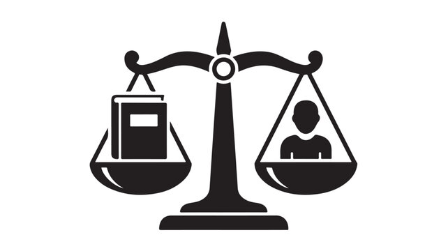The law book and person are weighed equally on the balance scale.