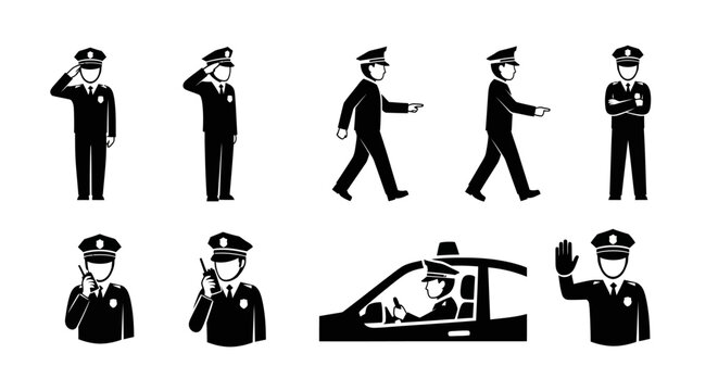 Police Officers Various Actions Silhouette.