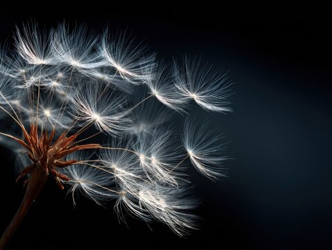 Dandelion Seed Head with Many Flying Seeds on Black Background Macro Detail dandelion seeds blowing