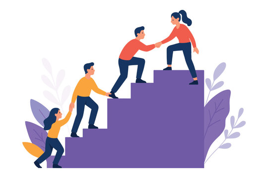 Business team helping each other climb steps to achieve success and career growth, flat vector illustration