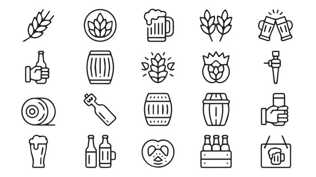 A comprehensive collection of twenty crisp black and white line art icons depicting various beer, brewing, and pub culture elements, ideal for web design, beverage menus, and digital media projects