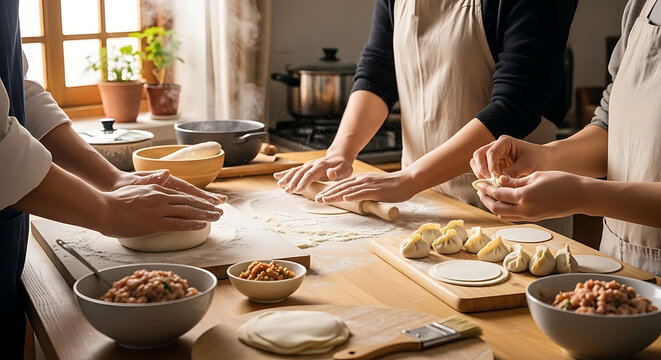Three people collaboratively prepare dumplings by hand on a wooden kitchen counter with flour dusting the surface.