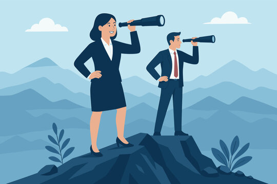 Business Woman and Business Man Standing on Mountain and Looking Ahead for Future Vision, Flat Vector Illustration