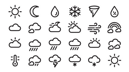 Fototapeta premium A versatile collection of minimalist black line art weather icons, depicting diverse atmospheric conditions for design and informational use