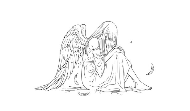 Sad fallen angel sitting with broken wing negative space anime line art vector illustration