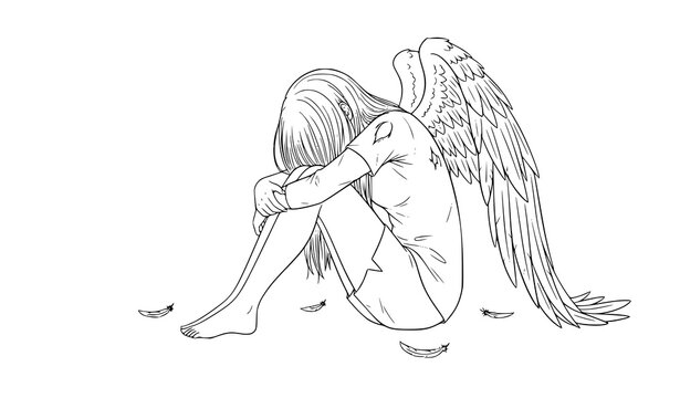 Fallen angel sitting with broken wing anime negative space line art adult coloring vector illustration