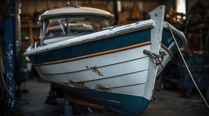 Obraz premium Old Fishing Boat Undergoing Repair Indoors, Nautical Vessel Restoration