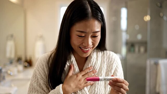 Asian woman reacts with surprise and joy after seeing positive result on pregnancy test. Excited lady shares happy news discovery in home bathroom setting today.