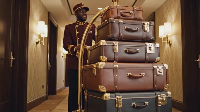 African american bellhop pushing a luggage cart stacked with leather suitcases in a hotel corridor. Professional hospitality service for luxury resort guest.