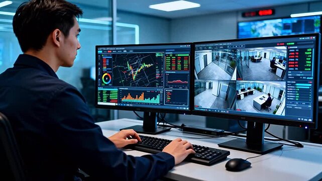 Man working in a control room with multiple monitors