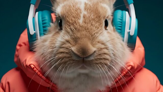 Adorable fluffy brown rabbit wearing bright blue and white over-ear headphones and an orange puffer jacket listening to music seriously.