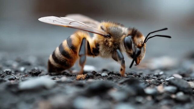 Honey bee walking on ground surface macro view showing insect detail and natural wildlife scene
