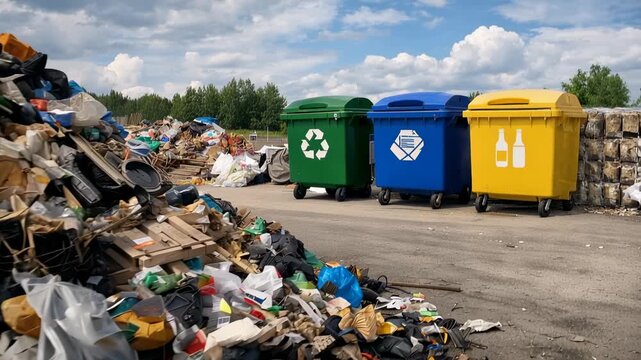 Recycling bins with waste pile at landfill site showing pollution and environmental problem