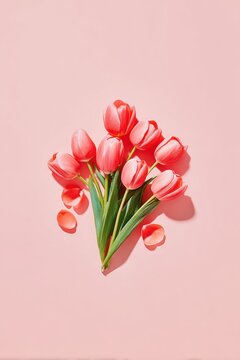 Spring Tulip Bouquet on Pink Background with Copy Space, Top View Vertical Floral Composition for International Womens Day Social Media Post and Greeting Card Design