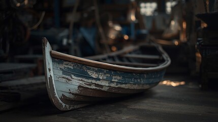 Obraz premium Vintage Rowboat in Workshop, Aged Wood, Nautical Decor, Rustic Interior