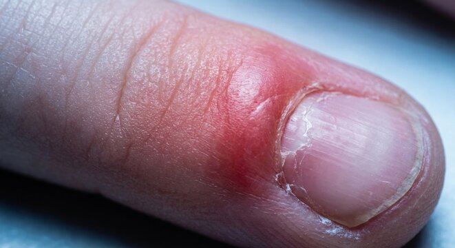 Infected hangnail with paronychia and red swollen skin