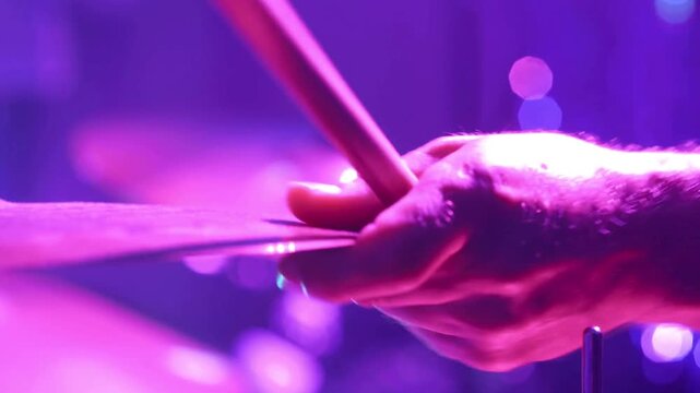 Close up of drumsticks hitting drums Cheerful male rocker performing solo in recording studio Male professional holds drumsticks in hands closeup view
