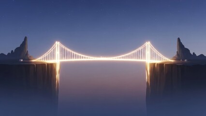 Obraz premium A serene nighttime scene of a suspension bridge illuminated by warm lights spanning across a body of water with mountains in the background