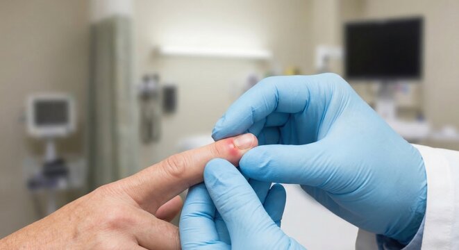 Doctor examining paronychia infection on patient finger