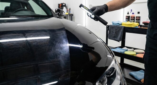 Professional car detailing paint correction inspection with LED light