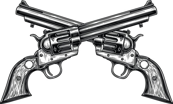 Crossed vintage revolvers vector illustration, black and white engraving style pistols sketch, wild west guns graphic design isolated element concept