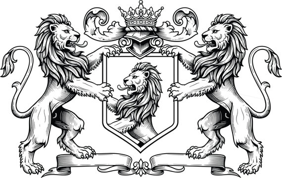 Heraldic lion coat of arms vector illustration, black and white engraving style crest with crown shield, isolated graphic design element