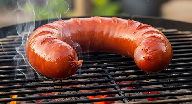 Thick smoked sausage link cooks on hot barbecue grill grates with visible smoke rising upwards.