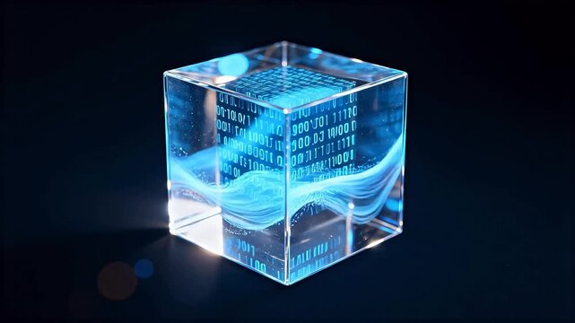 Crystal cube with binary code and light wave