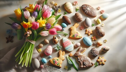 Cheerful Easter composition featuring colorful tulips chocolate eggs and bunny cookies on a wooden table.