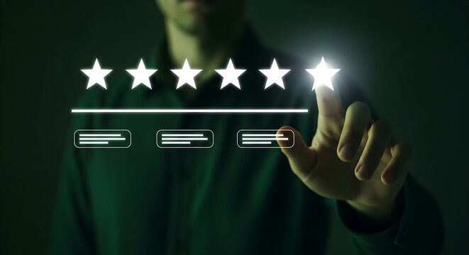 A person interacting with a glowing rating system interface with five stars