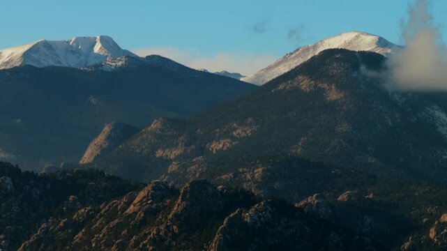 Estes Park Rocky Mountains National Park Lumpy Ridge Twin Owls rock formation Mummy Range mountain town Colorado aerial drone landscape afternoon sunset fresh snow clouds blue sky sunny circle left