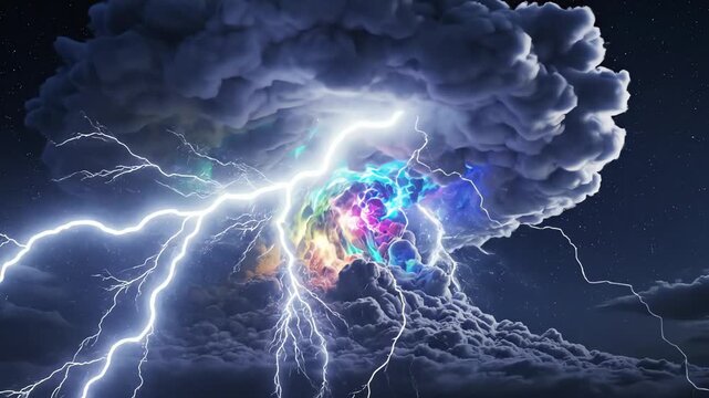 A massive storm cloud unleashes motion with lightning bolts and vibrant colors in the dark sky.