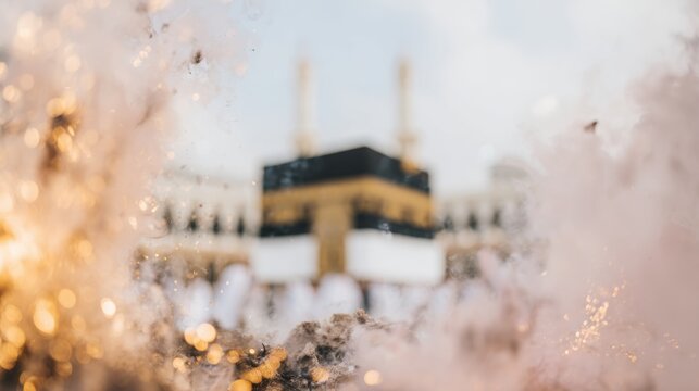 Muslim pilgrims performing tawaf around the sacred Kaaba during Hajj season in the Great Mosque, editorial religious travel with soft bokeh foreground