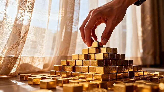 Hand placing gold bars in pyramid