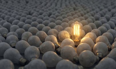 Obraz premium a lone lightbulb glowing warmly among a field of unlit bulbs, standing out, innovation and leadership