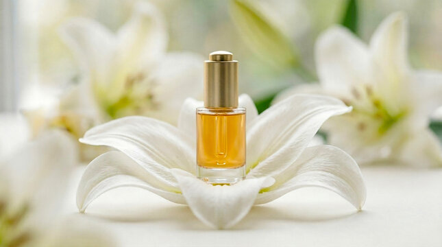Luxury Perfume Oil Bottle Placed on a White Lily Petal