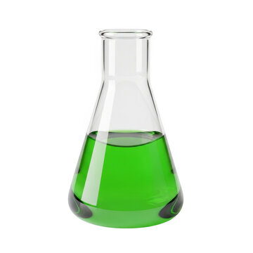 Erlenmeyer flask with green liquid on white background, laboratory glassware for chemistry experiments and scientific research, transparent glass conical flask for medical and biotech study.