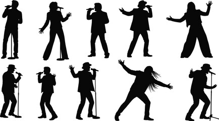 Obraz premium Collection of singer silhouettes performing with microphone on stage, set of male and female vocalists in dynamic poses isolated on white background music concept