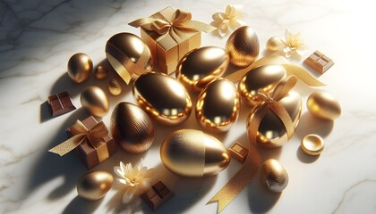 Decorative gold eggs and chocolate blocks on marble table for elegant Easter gift presentation concept.