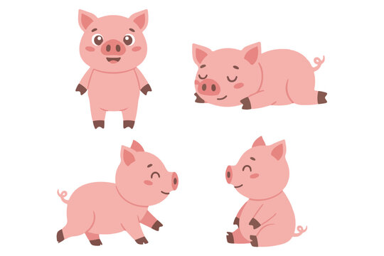 Adorable Pink Piggy Character Set, Funny Little Pig in Different Poses for Farm Theme Patterns and Children Stationery