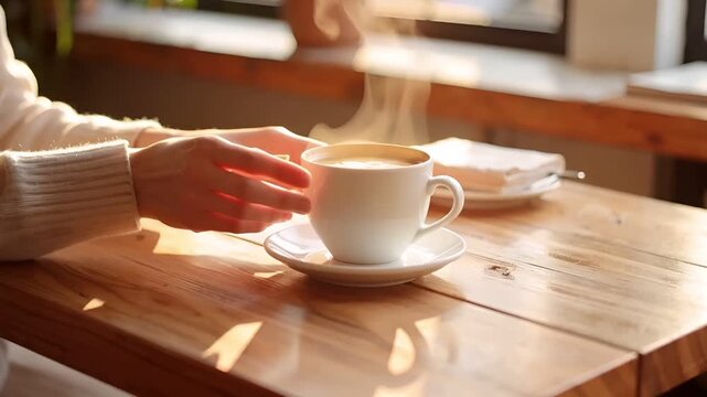 Close-up of hands placing a cup of coffee onto a wooden cafe table.
Soft natural window light gently illuminates the coffee cup and wood texture.