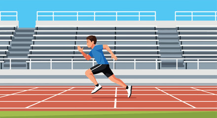 Obraz premium A young male athlete sprints on a running track with stadium seating in the background
