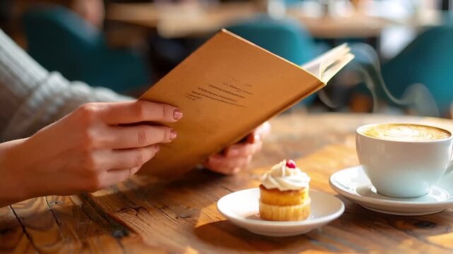 Close-up of hands flipping through a cafe menu on a wooden table.
A coffee cup and small dessert sit nearby in warm cafe lighting.