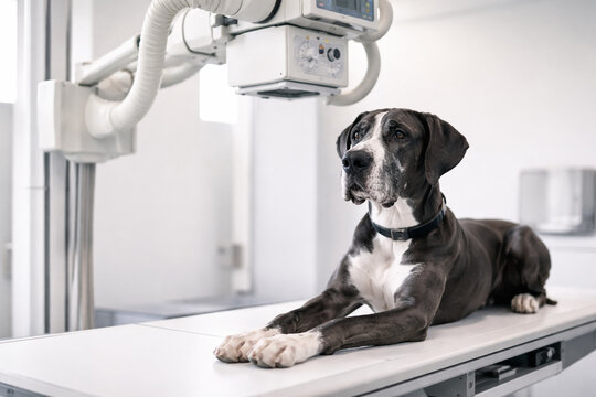 AI generated great dane dog undergoing veterinary xray examination on medical imaging table in modern clinic environment representing animal healthcare diagnosis and large breed pet treatment