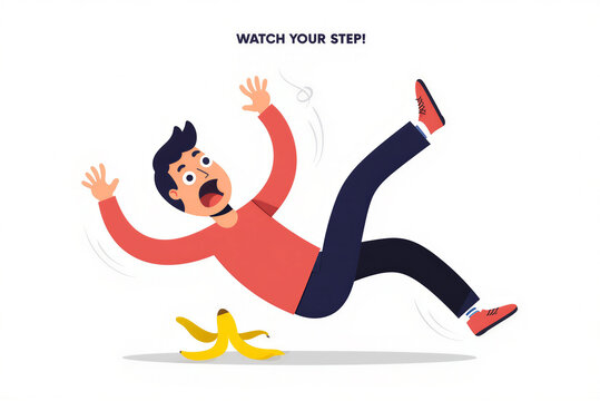 Cartoon Man Slipping on Banana Peel and Falling Backward with Surprise Expression