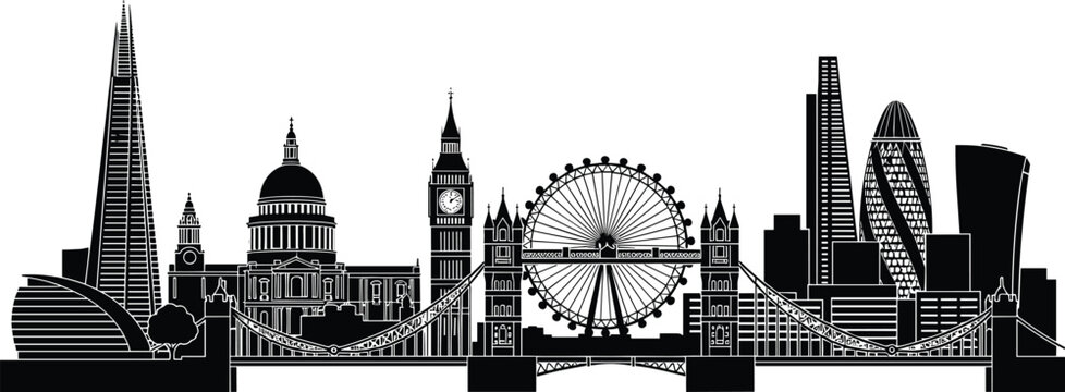London City Skyline Silhouette Featuring Tower Bridge Big Ben London Eye and Shard Landmarks for United Kingdom Tourism and British Travel