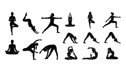 Collection of yoga silhouettes depicting various poses and stretching exercises